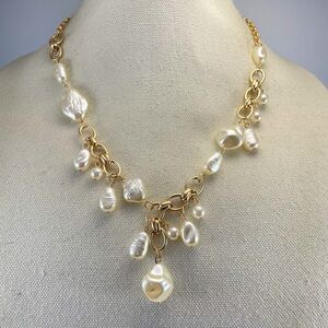 Gold Tone Faux Pearl Boho Statement Necklace Classic Timeless Lightweight